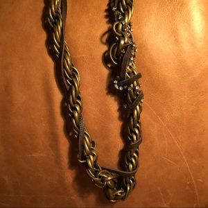 Chunky leather brass rhinestone necklace